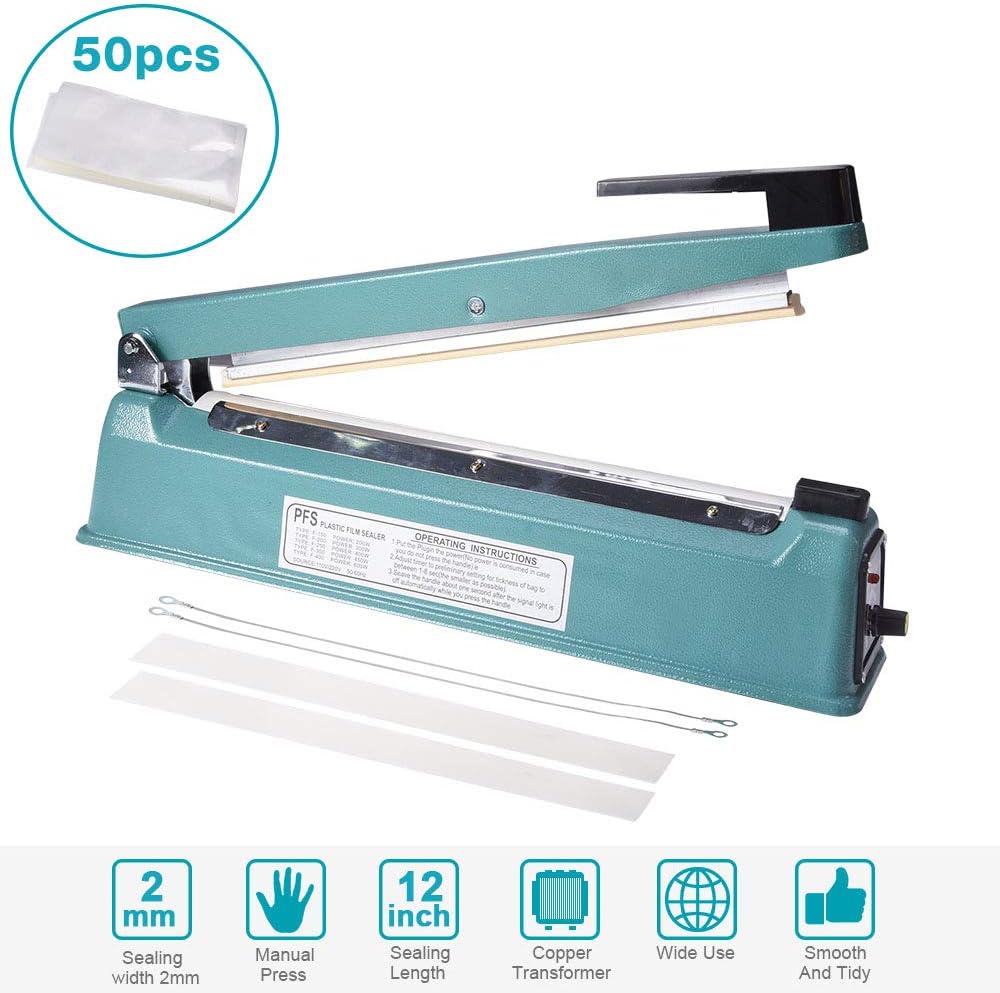 12 inch Impulse Bag Sealer w/Adjustable Timer Heat Seal Closer Poly Bag Sealing Machine - 50Pcs 4X6 Inch Shrink Wrap Bag - 2 Replacement Kit