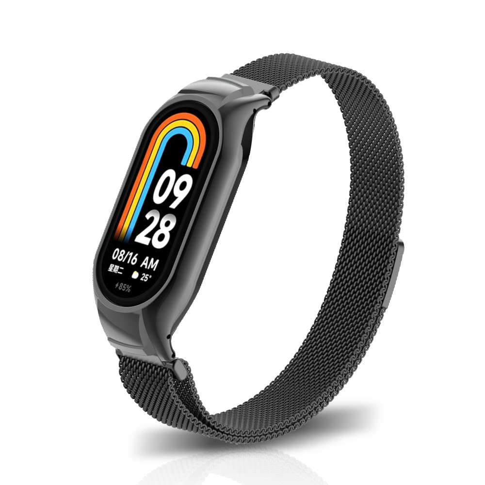 Niboow Strap Compatible with Xiaomi Smart Band 8 (Xiaomi Mi Band 8), Men Women Magnet Stainless Steel Mesh Metal Breathable Watch Bands for Xiaomi Smart Band 8 (Xiaomi Mi Band 8) - Black