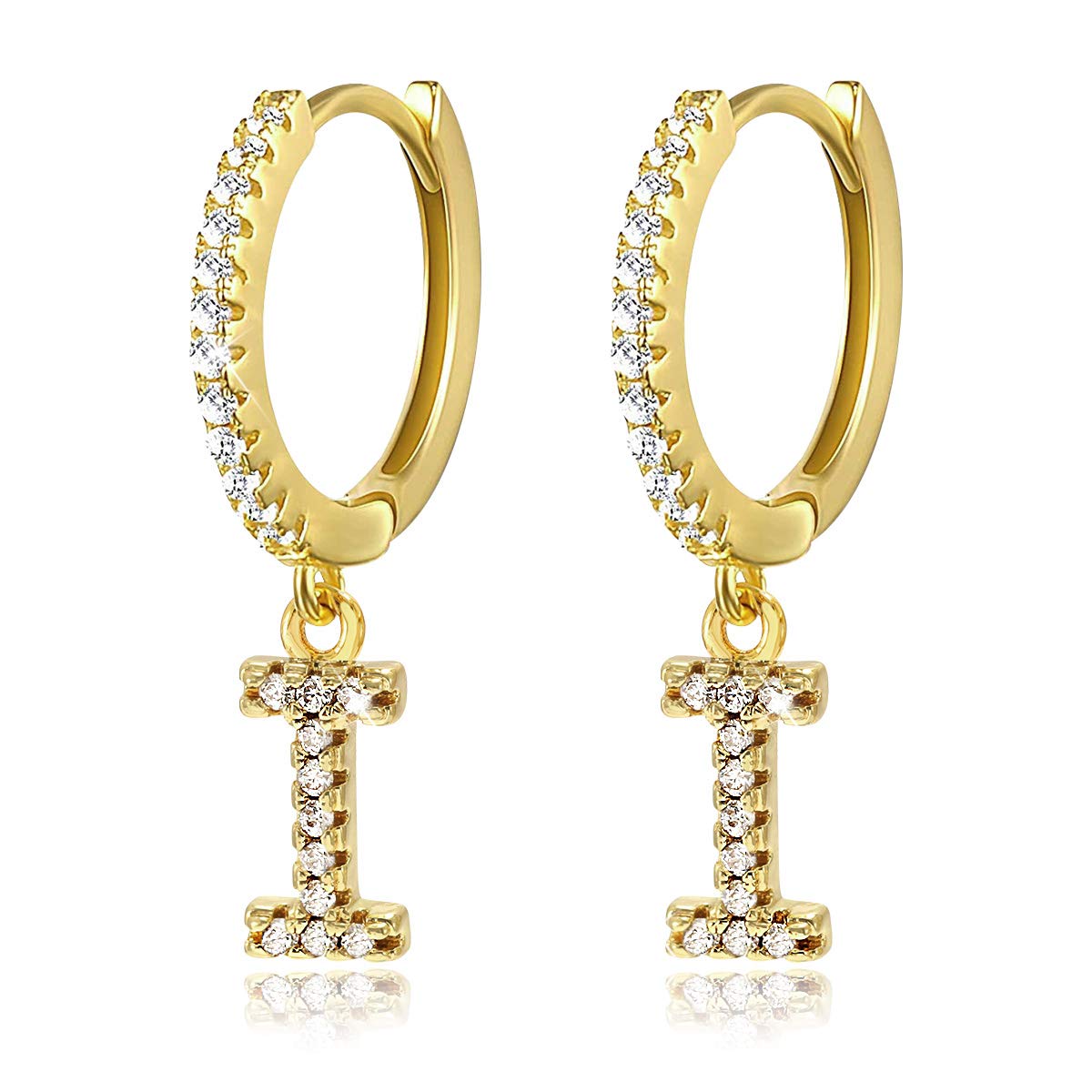 I Initial Dangle Hoop Huggie Earrings for Women 14K Gold Plated Cubic Zirconia Personalized 26 Letters Huggie Earrings Jewelry Gift for Her