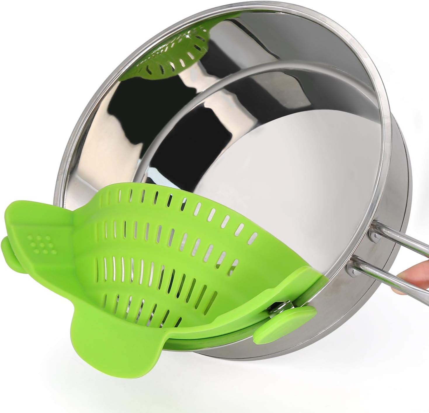 Silicone Clip On Strainer Colander Spout Kitchen Gadget Tool Food Drainer For Spaghetti, Pasta, Ground Beef, Universal Fit On All Pots and Bowls, Flexible and Small For Space Saving - Green