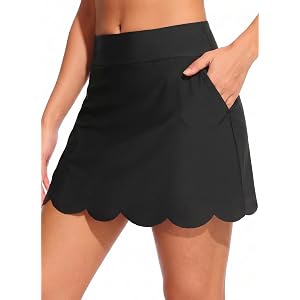 Zmart Women's High Waist Swim Skirt Bathing Suit Bottom | Tummy Control Design, Elastic Band, With Two Pockets, Scalloped Las