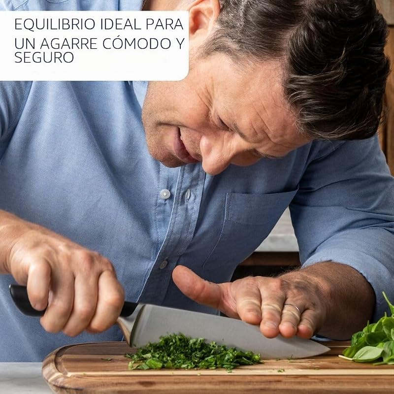 Jamie Oliver by K26715 - Cuchillo Santoku (16,5 cm, alto rendimiento de corte, diseño distintivo, cuchillas resistentes y duraderas, acero inoxidable), color negro