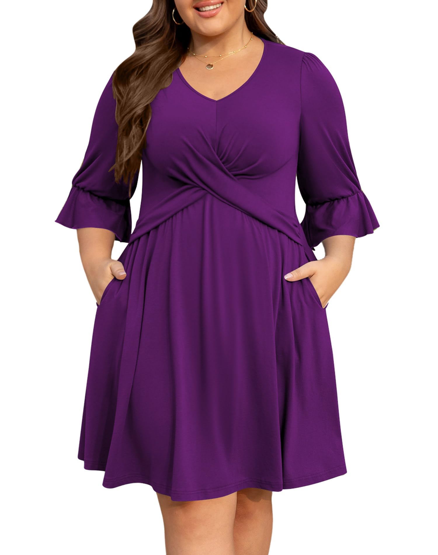 Manllenshie Women's Plus Size Dresses 3/4 Ruffle Sleeve V Neck Crossover 2 Pockets Casual Flowy Pleats Dress (Purple,2XL)