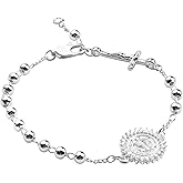 HELLOWIN 4mm Silver Plated Beads Catholic Rosary Chain Bracelet for Women with Gift Box