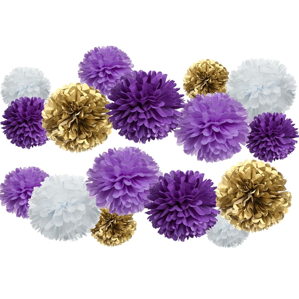 Gold Purple Lavender and White Tissue Paper Pom Poms Flower for Birthday Graduation Retirement Theme Party Decoration, 16pc