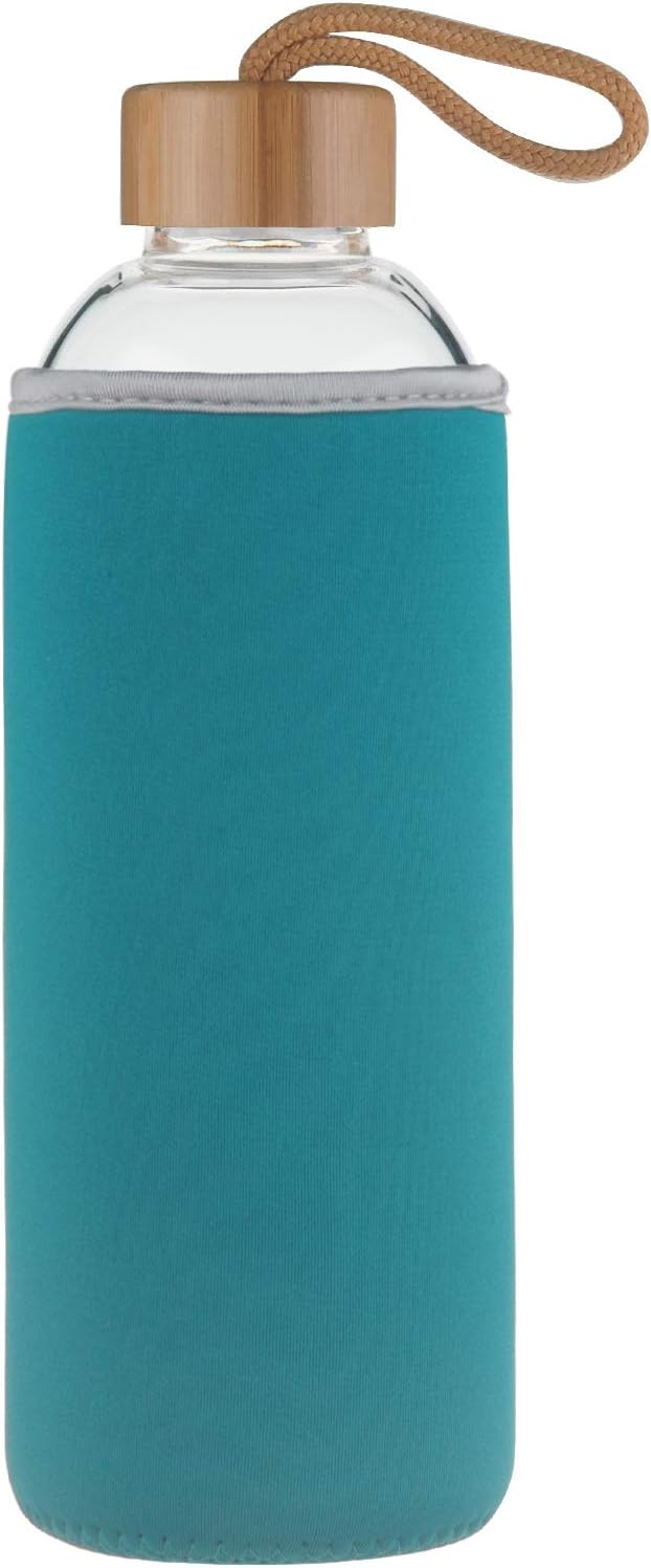 Ferexer Sports Borosilicate Glass Water Bottle with Bamboo Lid with Neoprene Sleeve 32 oz / 18 oz