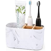 GFWARE Toothbrush Holders for Bathrooms, 5 Slots Bamboo Toothbrush Holder Kids Electric Toothbrush Holder and Toothpaste Holder for Bathroom Countertop Accessories Storage, Marble Toothbrush Organizer