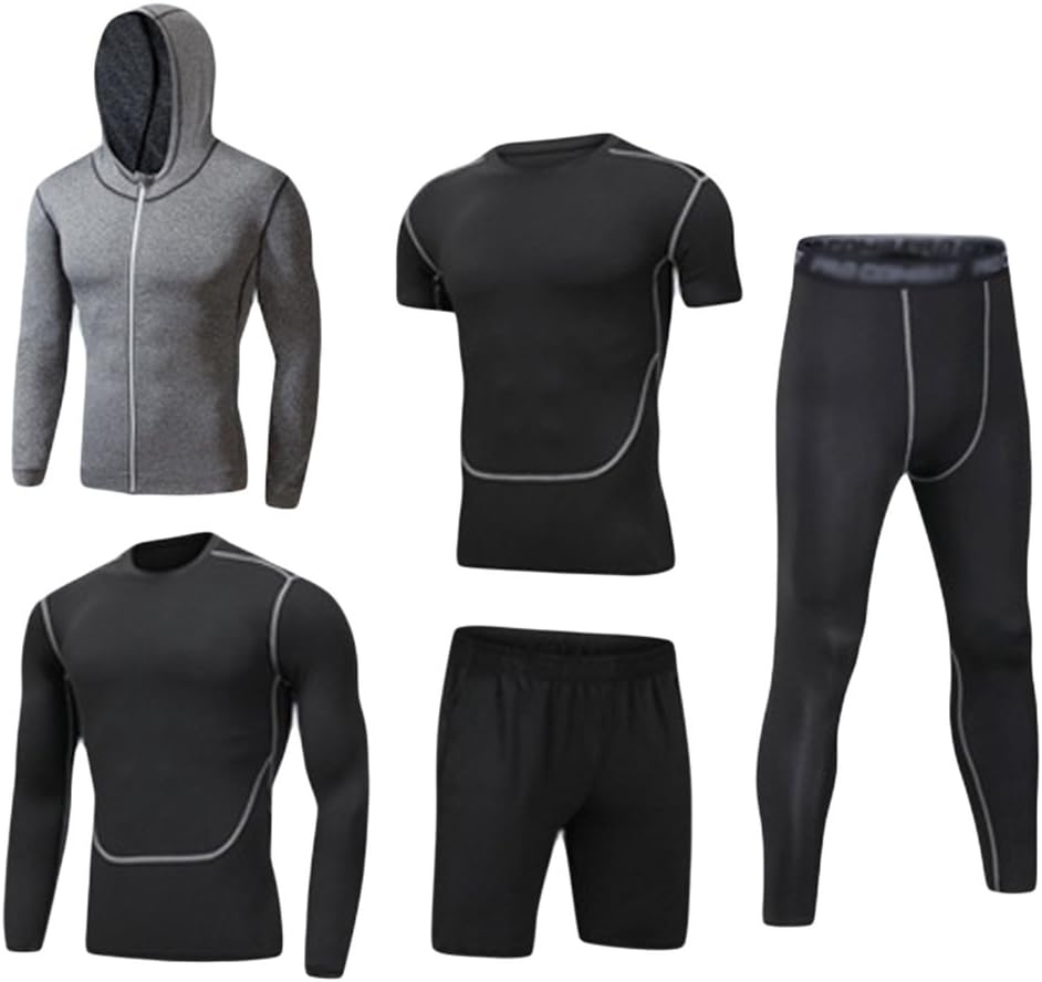 Dooxi Mens 5pcs Sports Gym Fitness Clothing Set Hoodies Jackets+Long Sleeve+Short Sleeve Base Layers T Shirts+Loose Fitting Shorts+Compression Pants for Workout Training Running Tracksuits