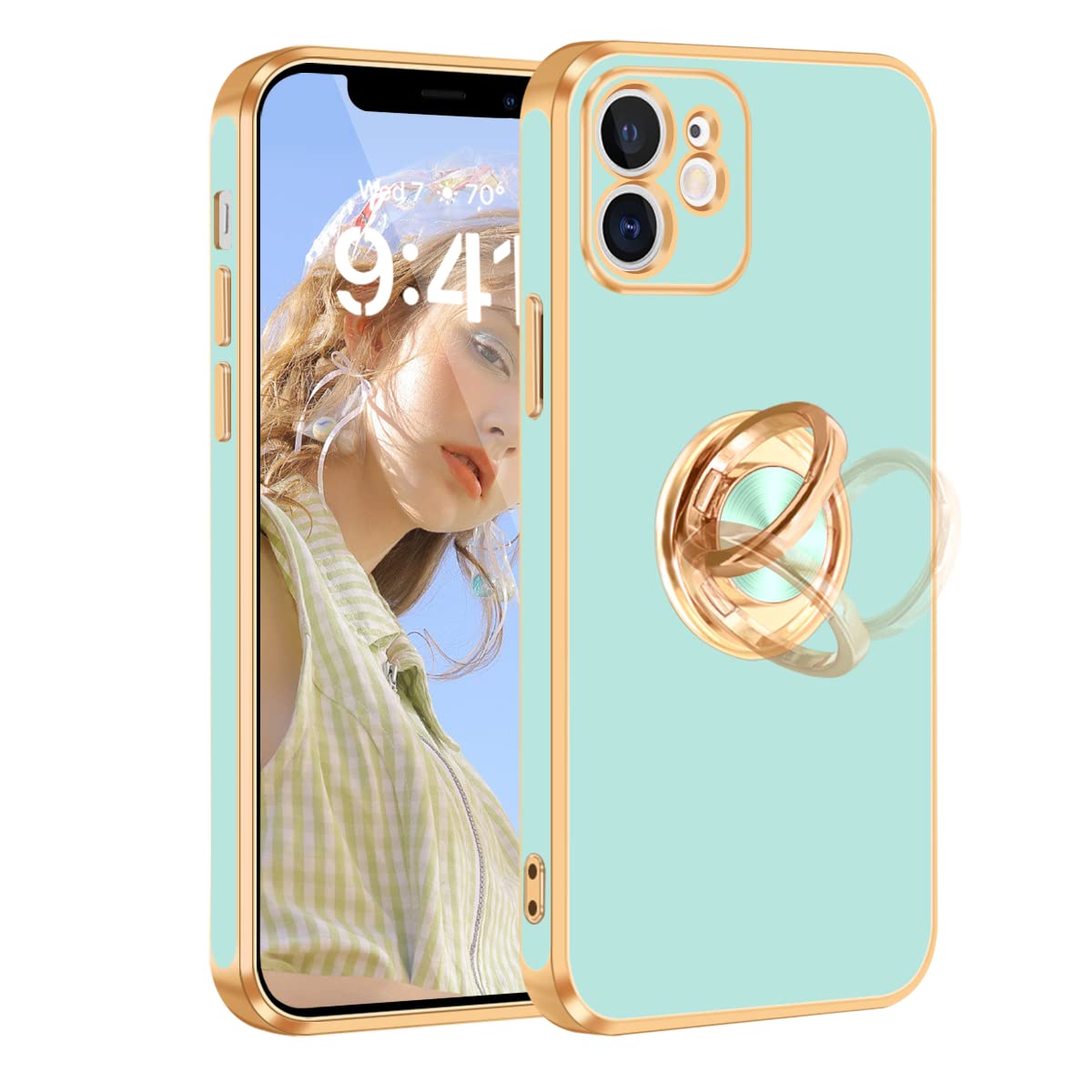 Fingic for iPhone 12 Case,for iPhone 12 Phone Case with Stand[360° Rotatable Ring Holder Magnetic Kickstand] [Shiny Plating Gold Edge] Slim Soft TPU Shockproof Protective Case for Women Men,Teal/Gold