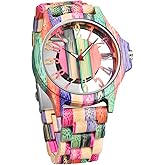 Dentily Wooden Watches for Men Handmade Colorful Bamboo Engraved Wood Watch Analog Quartz Men's Wooden Watch