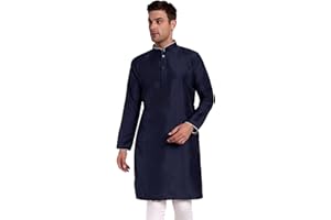 SKAVIJ Men's Art Silk Woven Design Long Kurta Mandarin Collar Straight Shirt