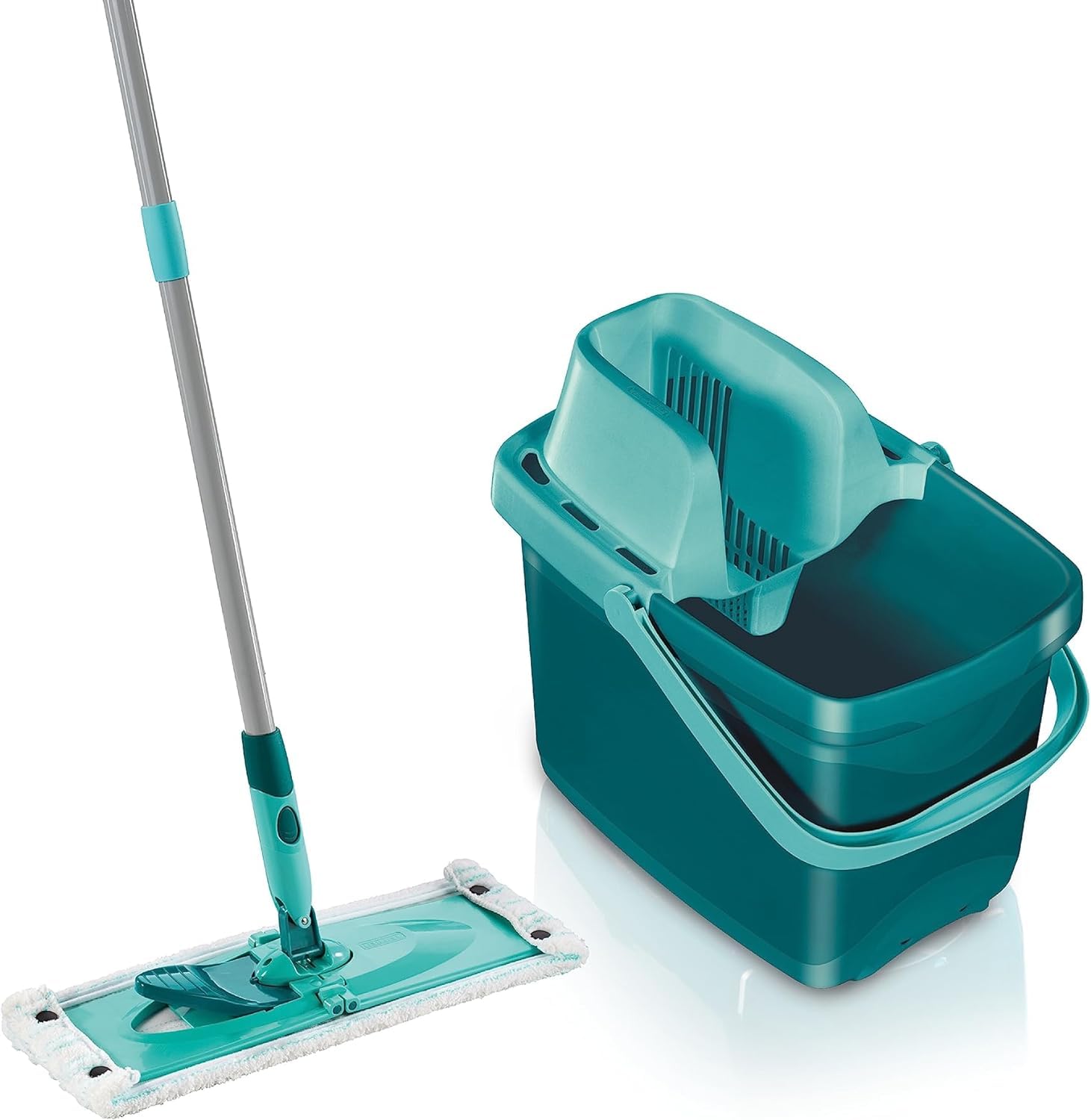 Leifheit Combi M Microfiber Mop and Bucket Set, 33 cm Wide, Turquoise, Telescopic Handle, Manoeuvrable, Washable