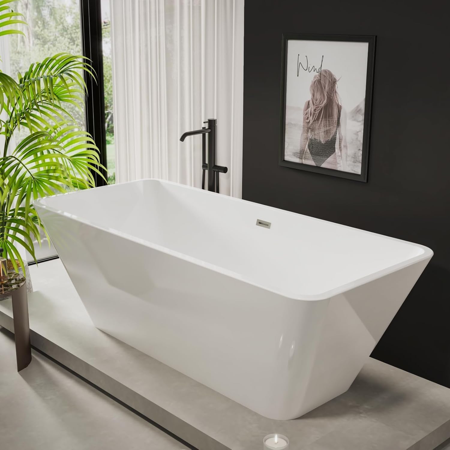 Photo 1 of 59" Acrylic Freestanding Soaking Tub, Contemporary Design Bathtub, Chrome Overflow & Drain, Easy Installation for Modern Bathroom, White