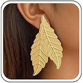 Andelaisi Punk Large Leaf Earrings Vintage Leaf Dangle Earrings Exaggerated Metal Leaf Earrings Gold Leaf Statement Earrings Big Leaf Chunky Earrings for Women