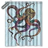 Nautical Shower Curtain Sea Creatures Decor by Ambesonne, Monster Octopus in Ocean Fauna with Roses Leaves Tentacles Kraken Vintage Rustic Retro Print Fashionable Modern Bathroom, Red Green Gray Beige