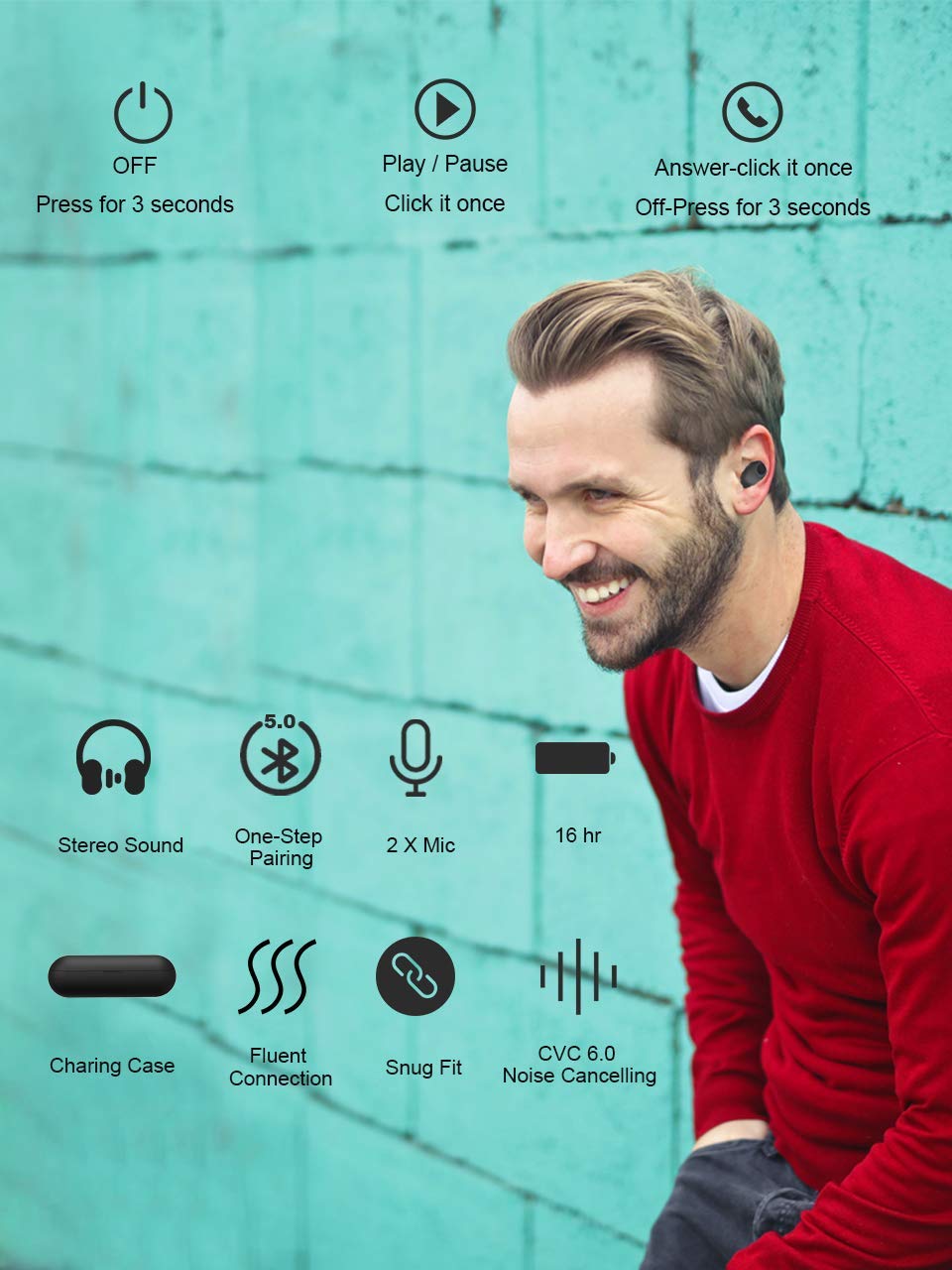 Auricolari Bluetooth 5.0, Auricolari Wireless Bluetooth Cuffie Stereo Senza Fili Sportivi in Ear con Custodia da Ricarica Microfono Leggeri Hi-Fi Cuffie per Samsung iPhone iPad Huawei Sony HTC