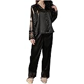 OYOANGLE Women's Silk Satin Pajama Sets 2 Piece Lace Long Sleeve Button Down Loungewear Pajamas Sets