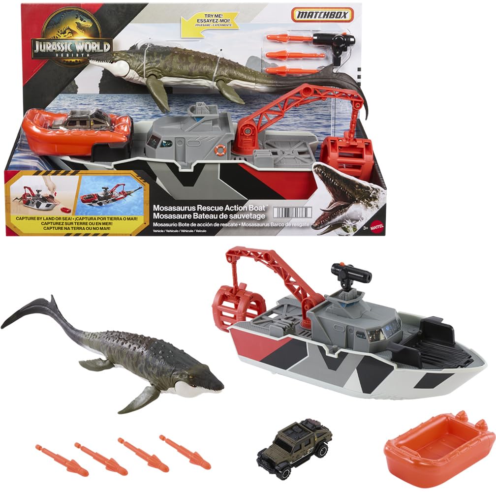 Photo 1 of Mattel Matchbox Toy Car Playset, Jurassic World 12.5” Dino Boat with 13” Mosasaurus Dinosaur, 1:64 Die-Cast Jeep, Harpoon Missiles & Detachable Rescue Boat