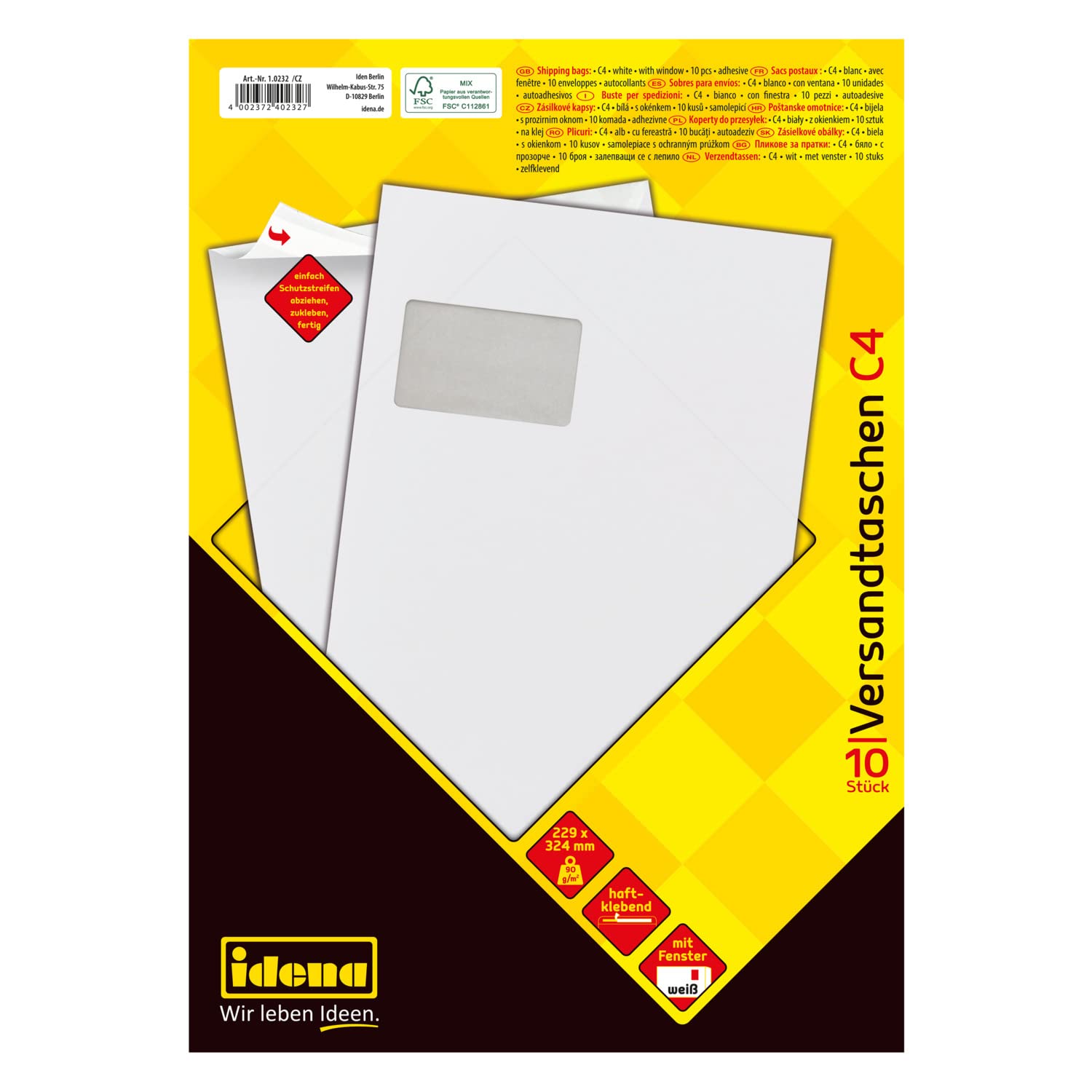 Idena 10232 Envelope DIN C4, 90 g/m2 Peel and Seal, Pack of 10, FSC Mix 10 Pieces, with Window, White 10 Stück, 90g/m² White