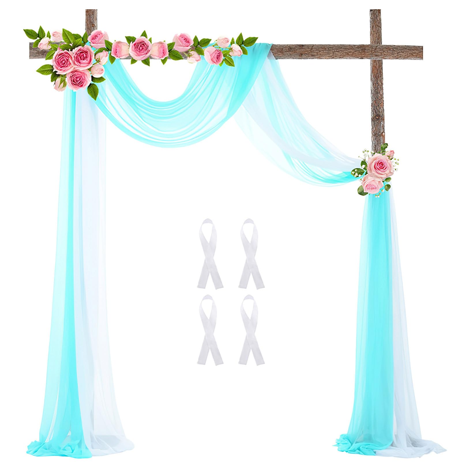 Wedding Arch Sheer Drapery Backdrop Voile Curtain Chiffon Draping Fabric 20Ft Sheer Curtains Arbor Drapery for Wedding Ceremony Reception Party Ceiling Decor, White and Sky Blue, 2 Panels