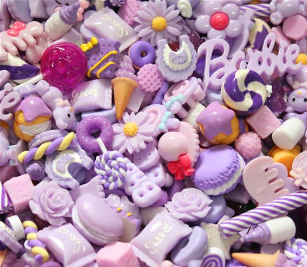 Random 30pcs Cute Candy Resin Charms Beads Fruit Dessert Ice Cream Plastic Slices Flatback Buttons for Handcraft Accessories Scrapbooking Phone Case Decor(Lilac)