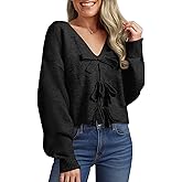 Saodimallsu Womens Bow Sweater Cropped V Neck Long Sleeve Fall Cozy Knit Loose Trendy Pullover Sweaters