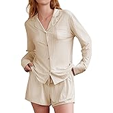 KFUBUO Women's 2 Piece Striped Pajama Sets Long Sleeve Button Down Shirts Matching Shorts Set 2025 Fall Loungewear
