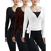 Simlakey 3 Pack Women Ballet Pilates Wrap Tops Y2K Workout Yoga Wrap Shirts Dance Long Sleeve Tie Front Crop Going Out Tops