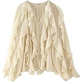 Womens Ruffle Chiffon Blouses Casual Summer Semi See Through Boho Tops Elegant Flowy Long Sleeve Shirt Tops