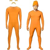 Coume Open Face Full Orange Bodysuit Costume with Yellow Mustache Eyebrows Halloween Spandex Orange Stretchy Character Body Suit Outfit for Halloween Party Cosplay Woman Man