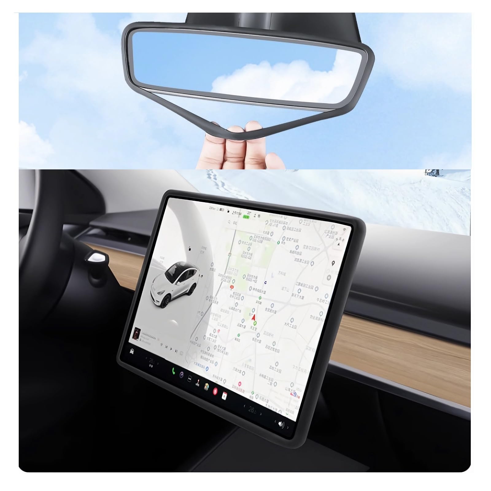 Photo 1 of GOOYOGOO 2 Set,Screen Protector Silicone Frame + Rear View Mirror Cover for Tesla Model 3 Model Y, 15" Center Control Touchscreen,Knee Protection/Anti-bump/Durable (Black)