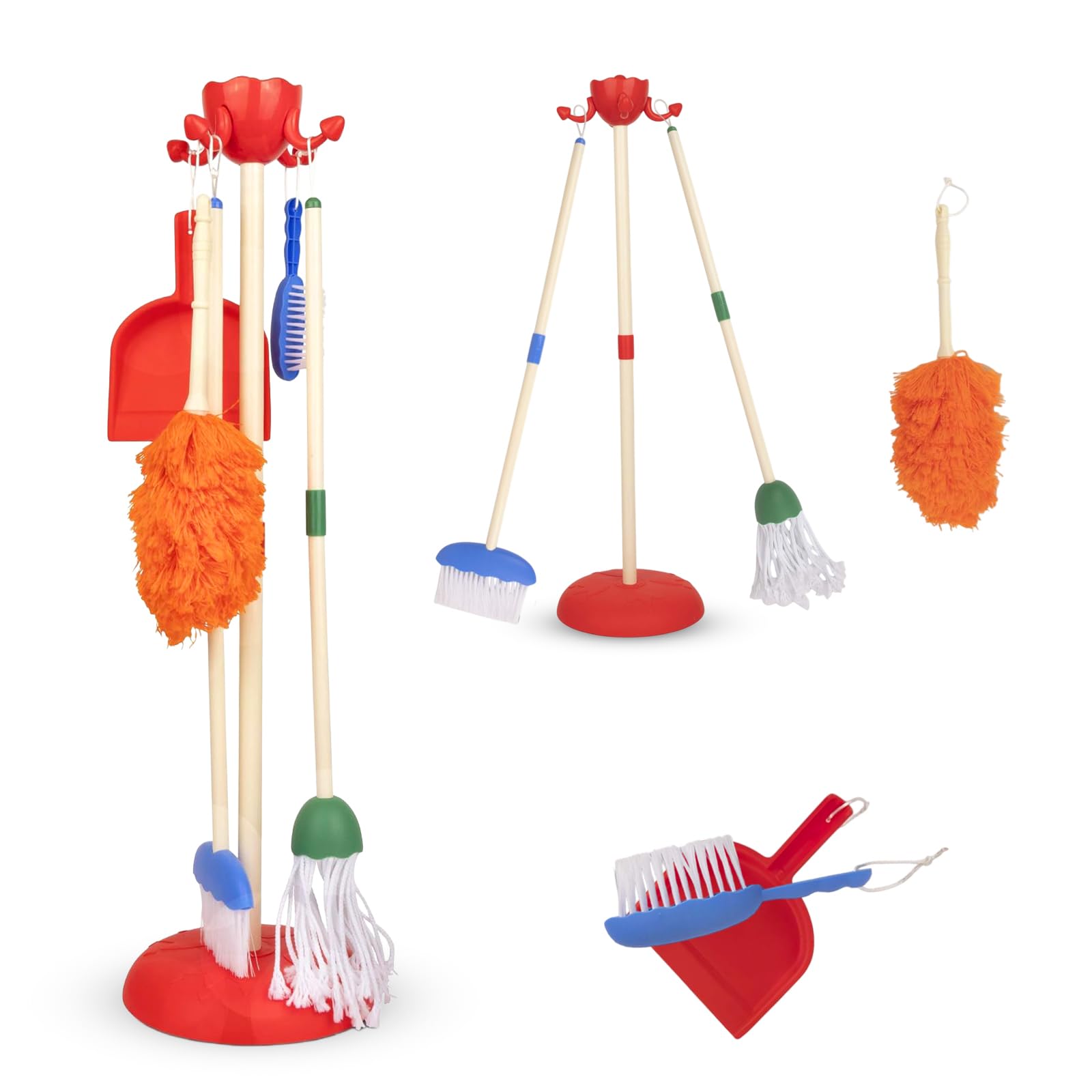 Playkidiz Role Play, 6Pcs, Kids Cleaning Set Includes Mop, Brush, Broom, Dustpan, And Organizer Stand, Play Helper Realistic Housekeeping Set, Toddler Cleaning Set, Recommended For Ages 3