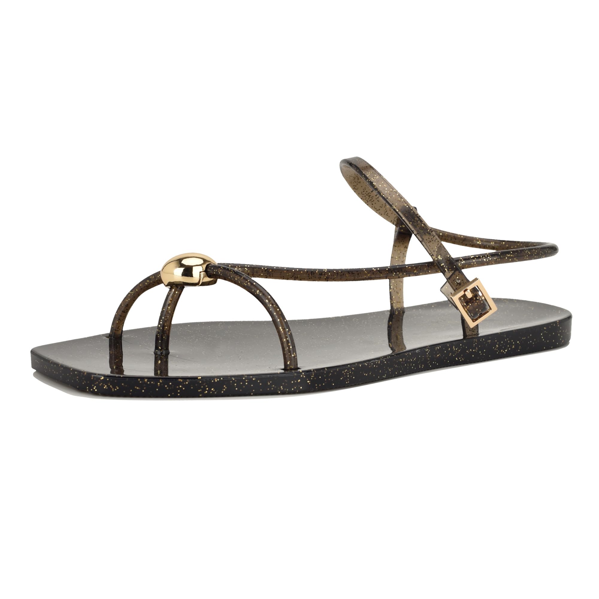 Nine West Women’s Shells Sandal, Black/Gold Glitter 001, 6
