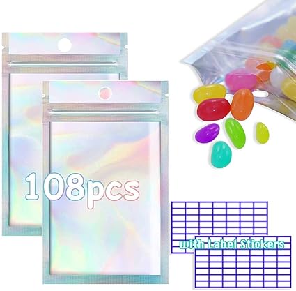 Amazon 108枚 防臭バッグ 再密封可能 ホログラフィックジップロックバッグ フラットクリアジップロック 食品ストレージバッグ ポーチ アルミホイルバッグ クリスマス 新年パーティー用 2 9x4 7インチ Laffeya キッチン収納