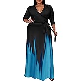 Runwind Plus Size Dresses for Women Gradient Maxi Dress Flowy 3/4 Sleeve with Belt