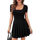 OPOIPIN Women's Square Neck Short Sleeve A-Line Flare Swing Short Mini Dress