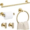 TURS Brushed Gold 5 Piece Bathroom Hardware Set, SUS304 Stainless Steel 24 Inch Bath Towel Bar Set, Round Bathroom Accessorie