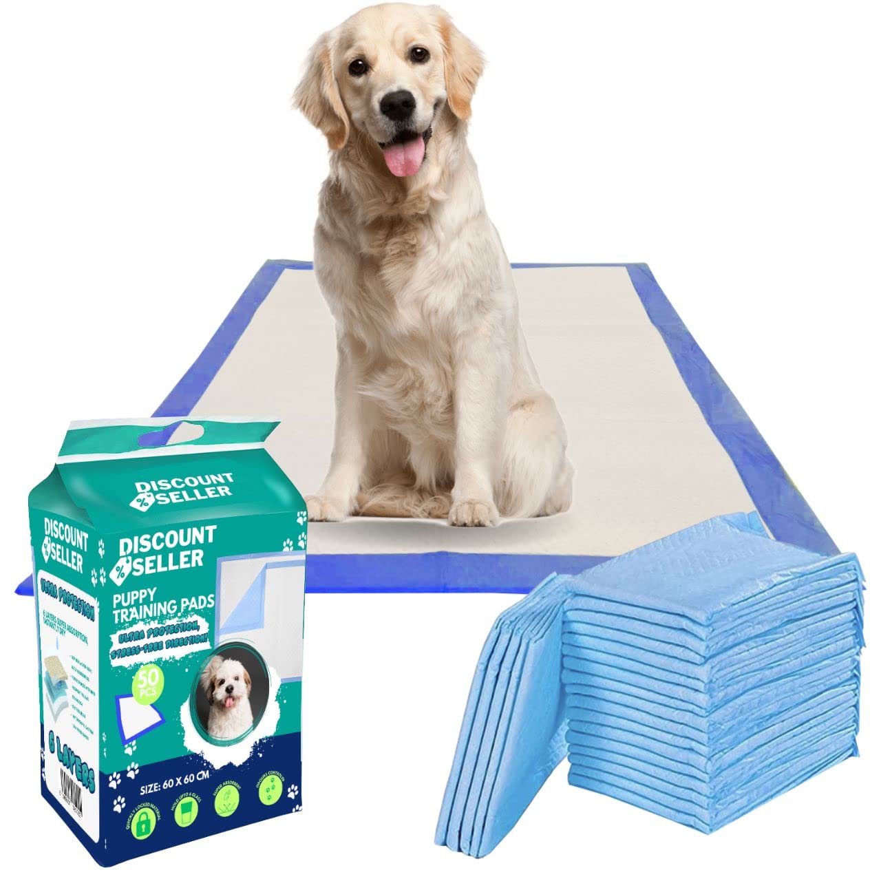 Discount Seller Large 50-Pack Disposable Puppy Training Pads, 60x60cm, Super Absorbent, Multi Layered, Leakproof, Odour Locking, Anti-Slip, Quick Dry Dog Training Pads