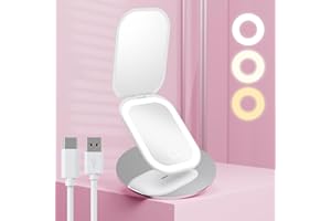 Benbilry Compact Mirror with 3 Color LED Lights, Rechargeable & 360° Light Strip & Memory Function, 1X/3X Travel Mirror, Ultra Slim Pocket Mirror, Small Lighted Compact Makeup Mirror for Purse, White