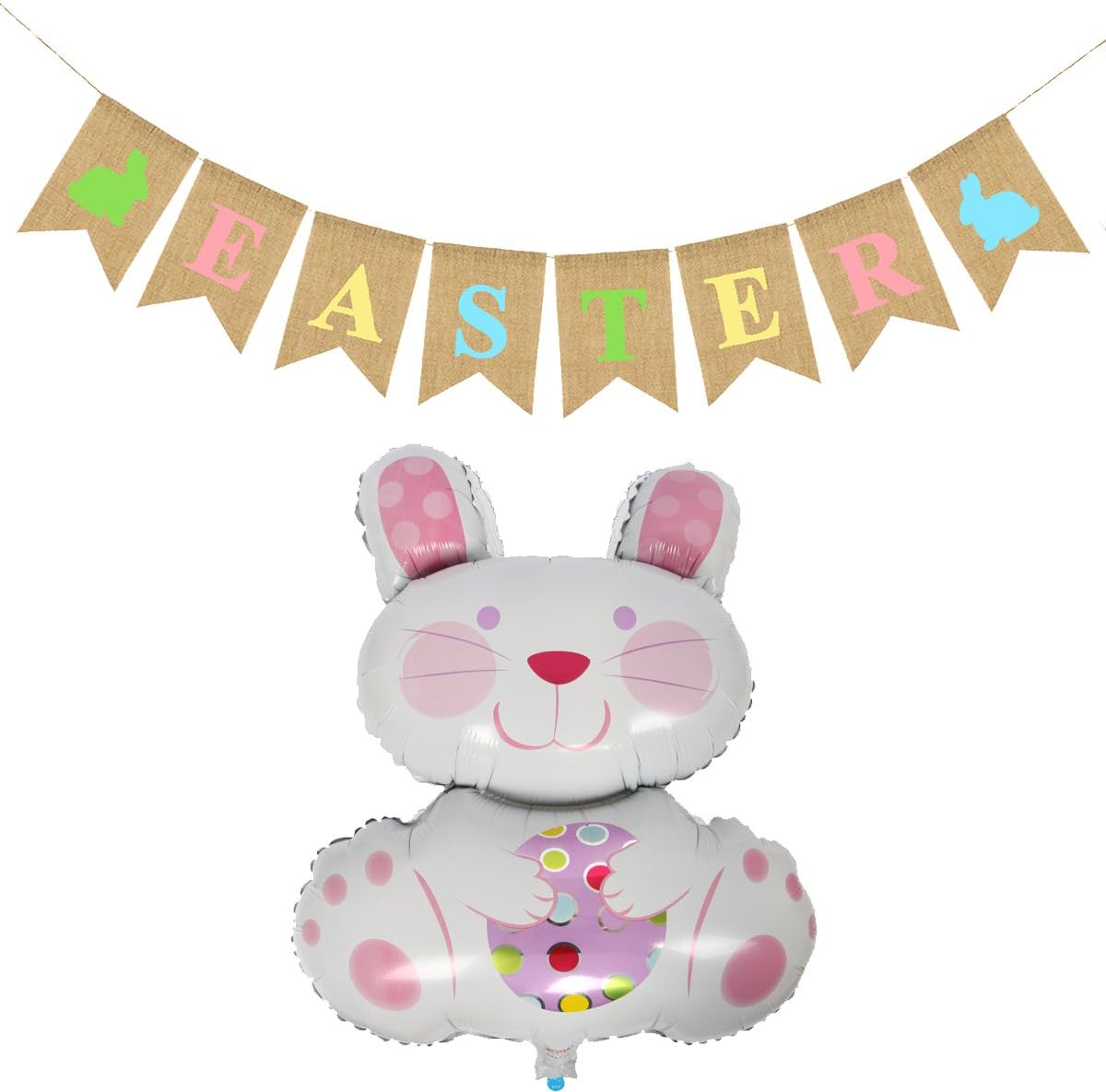 Burlap Happy Easter Banner with Bunny Sign, Lovely Rabbit Balloon, Easter Decorations Home Party Decor Favors Photo Props (Easter)