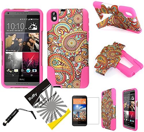 3 items Combo: ITUFFY(TM) LCD Screen Protector Film + Stylus Pen + 2 tone Design Dual Layer KickStand Tuff Impact Armor Hybrid Soft Rubber Silicone Cover Hard Snap On Plastic Case for Virgin Mobile HTC Desire 816 (5.5" Screen Size) (Red Silver Orange Paisley - Hot Pink)