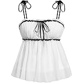 Verdusa Women's Plus Size Contrast Lace Babydoll Top Tie Shoulder Peplum Bustier Cami Top 2000s Clothing