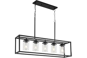 KEESFU Dining Room Chandelier,Modern 5-Light Island Lights for Kitchen,Height Adjustable, Black Hanging Pendant Light for Dining Table with Clear Glass Shade.