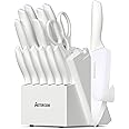 Astercook Knife Set for Kitchen 15 Piece with Block and Sharpener Kitchen Knives with Ceramic Coating Sharp Blade Dishwasher Safe Knife Block Set with Anti-slip Ergonomic Handle, Elegant White