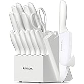 Astercook Knife Set for Kitchen 15 Piece with Block and Sharpener Kitchen Knives with Ceramic Coating Sharp Blade Dishwasher Safe Deba Knives with Anti-slip Ergonomic Handle, Elegant White