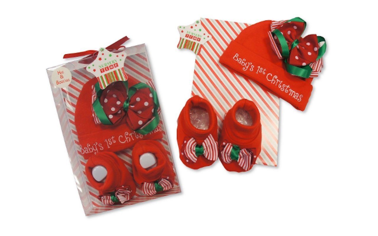 Baby Christmas Hat & Booties Set With Baby's 1st Christmas Detail With Bow Presented In A Clear Gift Box - Size 0-6 Months