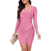 ihot Women's Glitter Party Dresses Sexy V Neck Long Sleeve Faux Wrap Ruched Bodycon Sparkly Night Club Dress