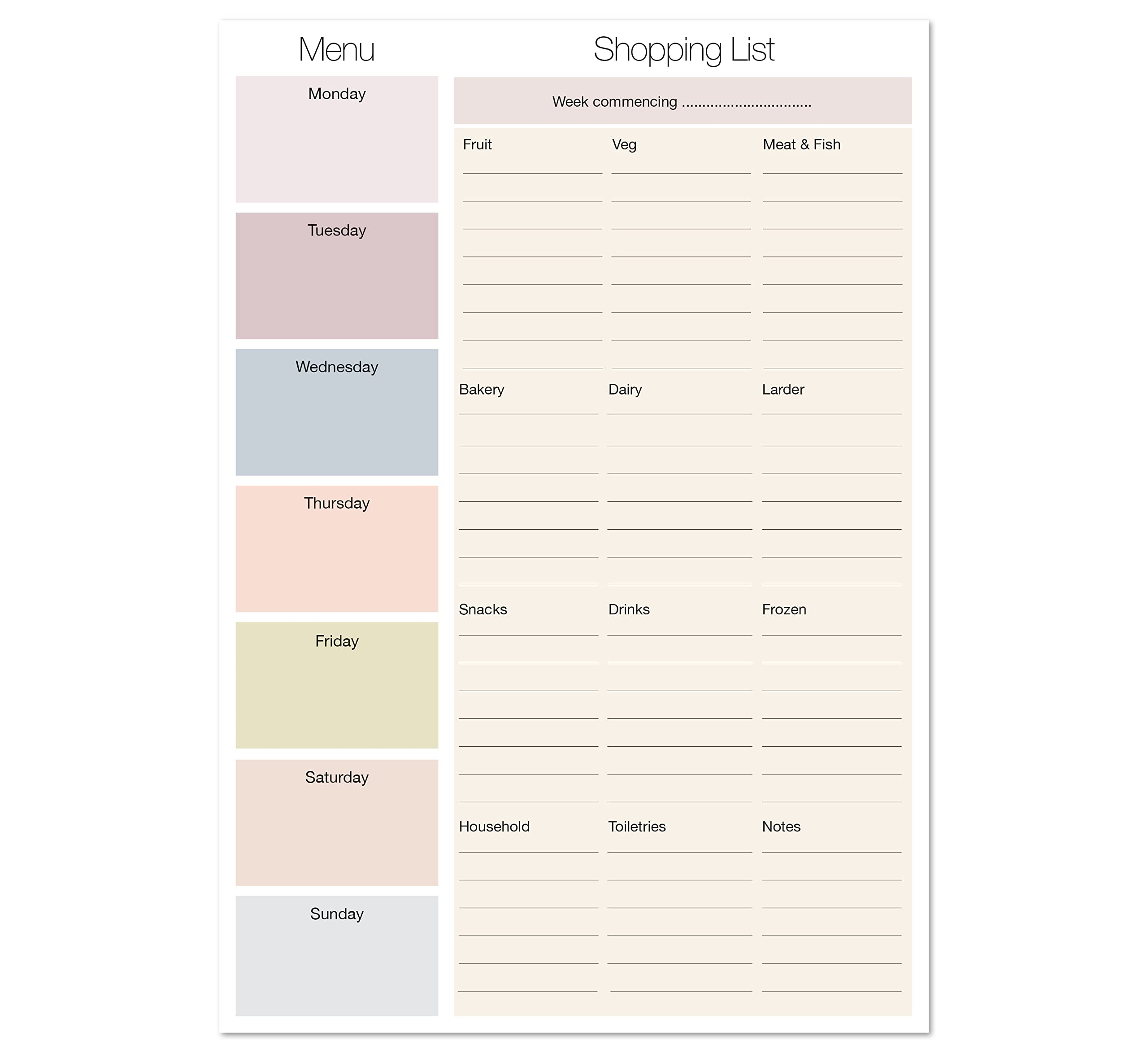 Shopping List Pad with detachable Weekly Meal Planner. 50 sheets 247 x 172mm per pad. Made in the UK by Absolutely Yours. (Grocery Headings)