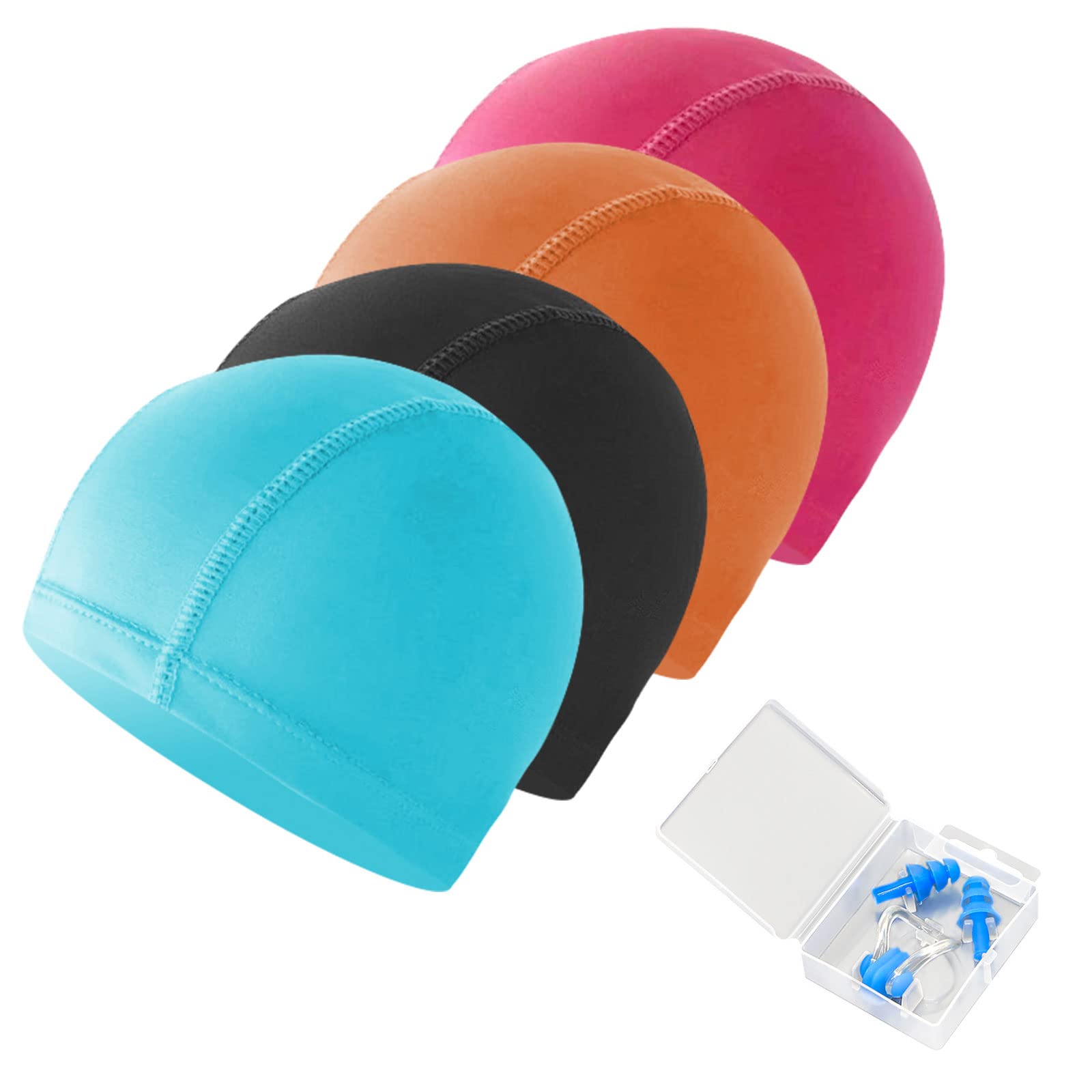 TSHAOUN 4 Pieces Swim Caps,Come with Nose Clip and Ear Plugs,Elastic Swim Caps Comfortable Fabric Swimming Hat Lightweight Bathing Caps,Colored Swim Hat for Women Men While Swimming (4 PCS)