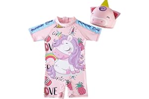 CJMJXPH Unicorn Baby Girls Short Sleeve Rash Guard Swimsuit Suits with Sun Hat UPF 50+ Sun (9-18 Months, Pink Unicorn)